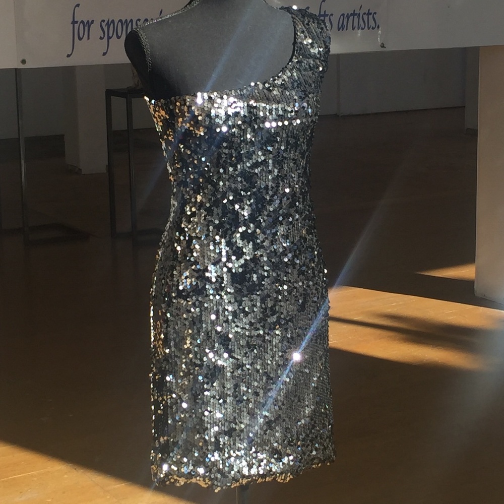 Black/slate gray fully sequins one shoulder mini dress - Picture 1 of 4